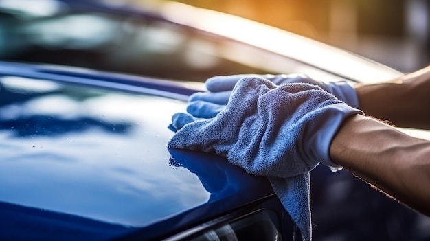 Menselijke hand die de auto schoonmaakt en wast