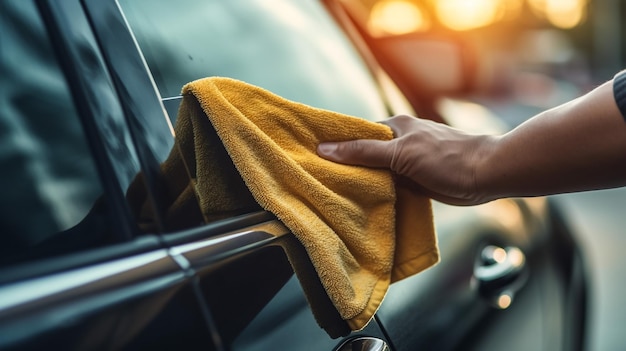 Menselijke hand die de auto schoonmaakt en wast