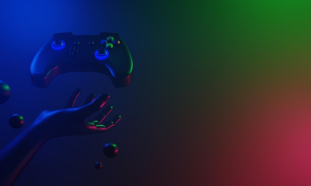 Menselijke hand die de joystick vasthoudt voor gaming metaverse technologie van gamer esports challenge tournament vr en ar 3d illustratie weergave