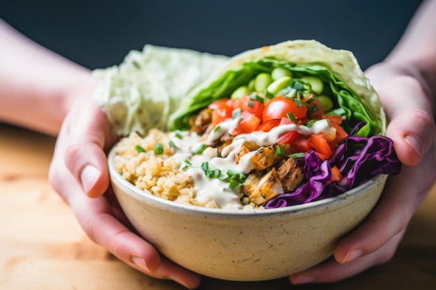 Menselijke hand die een klodder zure room over een vegetarische burritokom plaatst