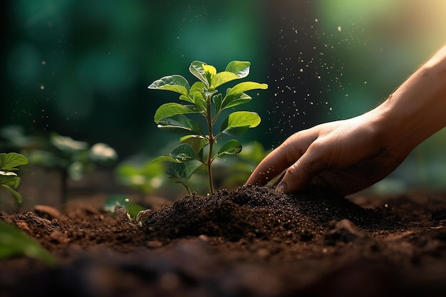 Menselijke hand die een plant plant