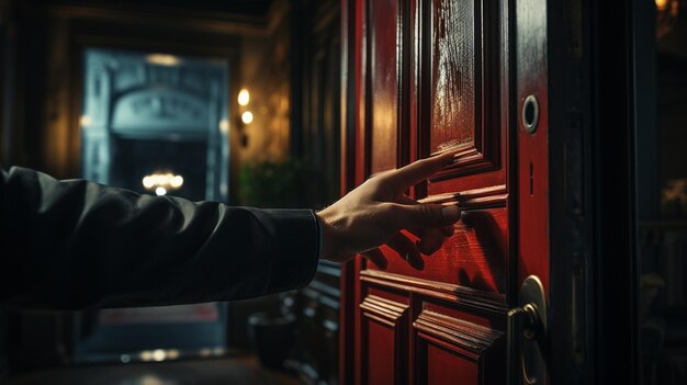 Menselijke hand klopt aan de deur.