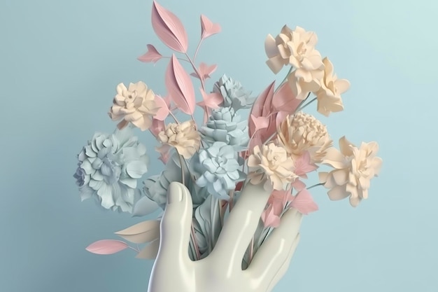 Menselijke hand met bloemen pastelkleuren op blauwe achtergrond 3d render en illustratie genereren ai