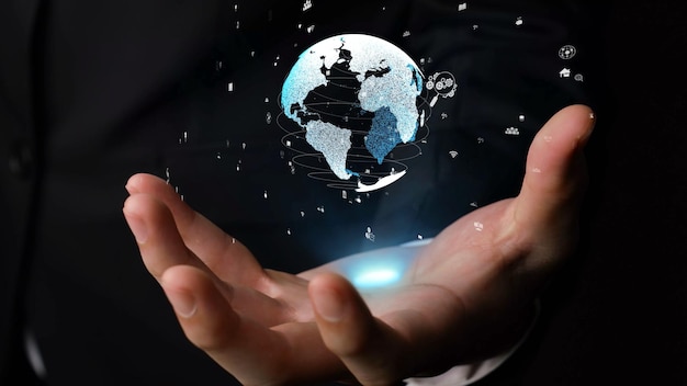 Menselijke hand met earth globe holografische technologie