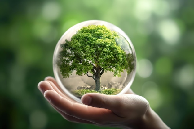Menselijke hand met glazen bol met groene boom binnen Milieubehoud concept Generatieve AI