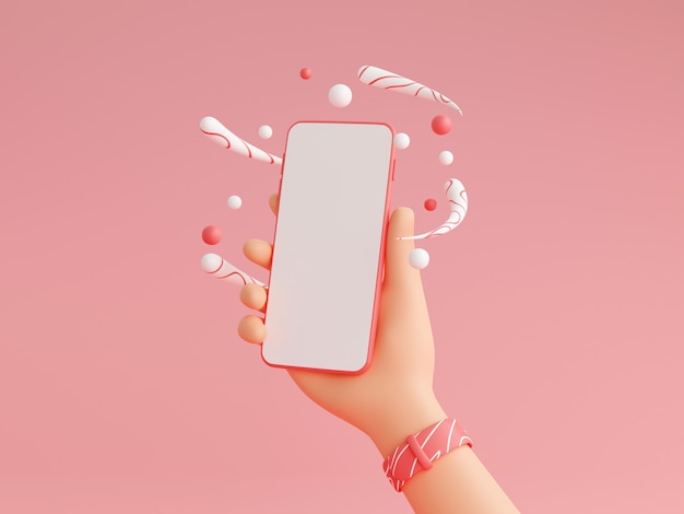Menselijke hand met mobiele telefoon met wit leeg scherm 3d render illustratie - mockup van smartphone in karakter hand met polshorloges en decoraties op roze achtergrond.