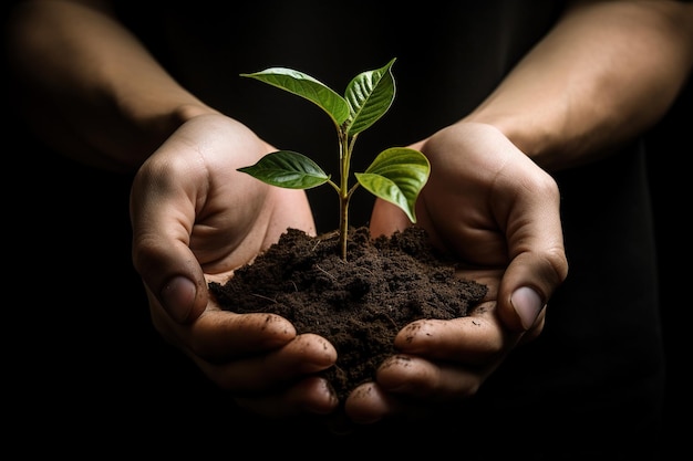 Menselijke handen houden de plant en de bodem teder in hun handen Concept van natuur Generatieve AI