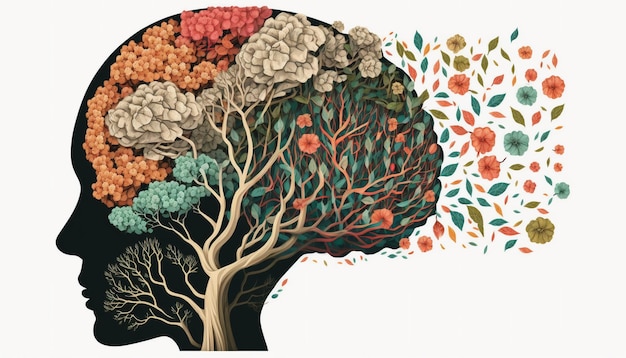 Menselijke hersenboom met bloemen zelfzorg en geestelijke gezondheid.