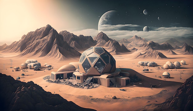 Menselijke kolonie op onbekende planeet met retro-futuristische gebouwen generatieve ai