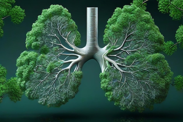 Foto menselijke longen gemaakt van groene bladeren en wortels van bomen ecologisch productontwerp