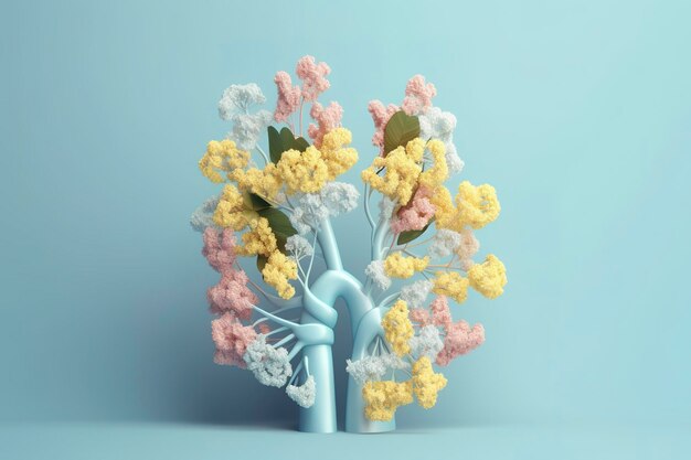 Menselijke longen met bloemen pastelkleuren op blauwe achtergrond 3d renderen en illustratie genereren ai