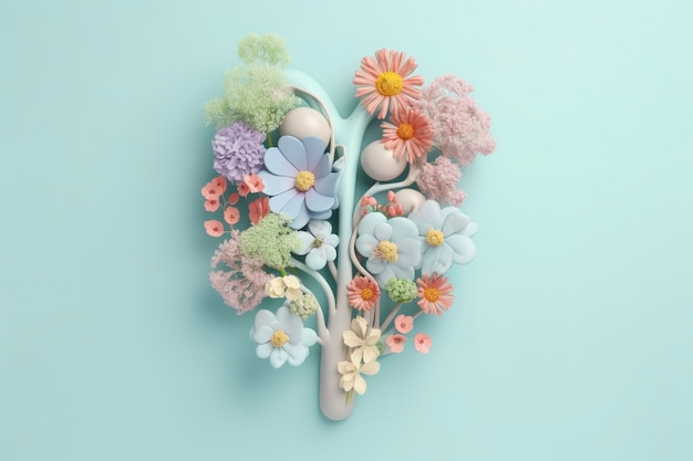 Menselijke nier met bloemen pastelkleuren op blauwe achtergrond 3d render en illustratie genereren ai