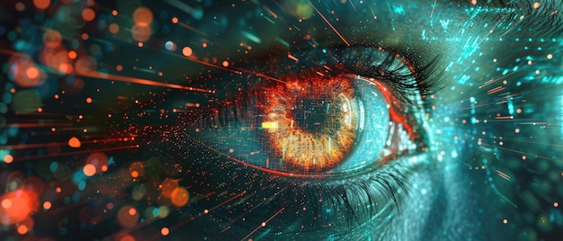 Menselijke oog close-up op groene tech achtergrond hacker gezicht en digitale gegevens patroon Concept van cybersecurity technologie toekomstige hack netwerk