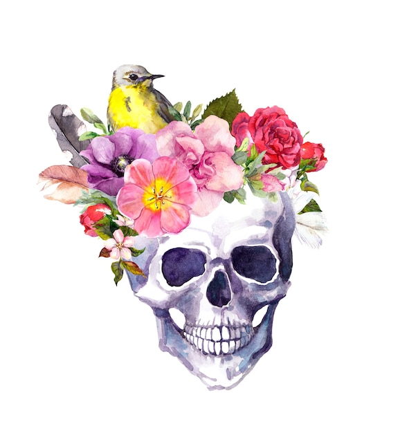 Foto menselijke schedel met bloemen en vogels in boho-stijl. waterverf