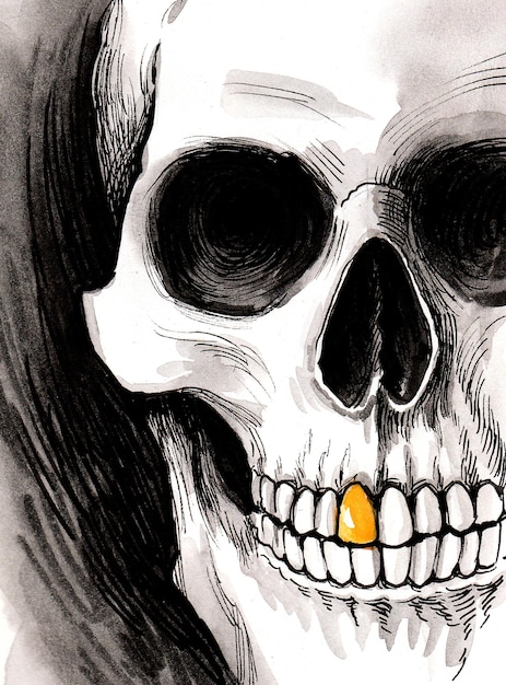 Menselijke schedel met gouden tand. Inkt en aquarel tekenen