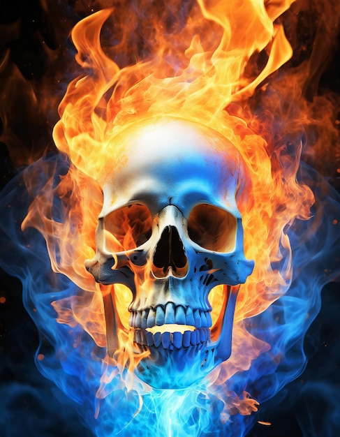 Foto menselijke schedel schedel in blauwe en oranje vlammen schedel met vuur en vlammen geïsoleerd op zwarte achtergrond