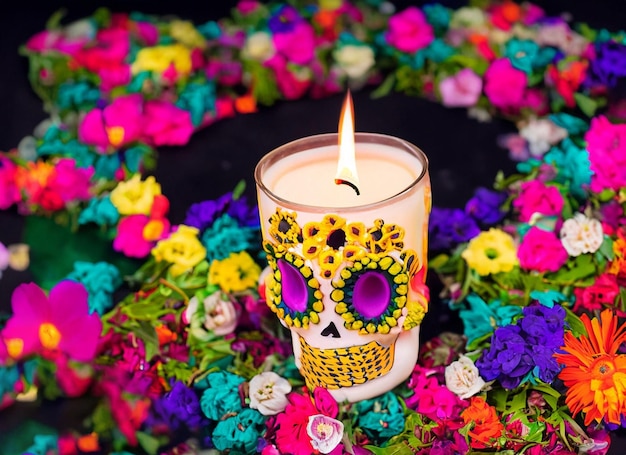 Menselijke schedel versierd met kaars en bloemen Dag van het dode concept