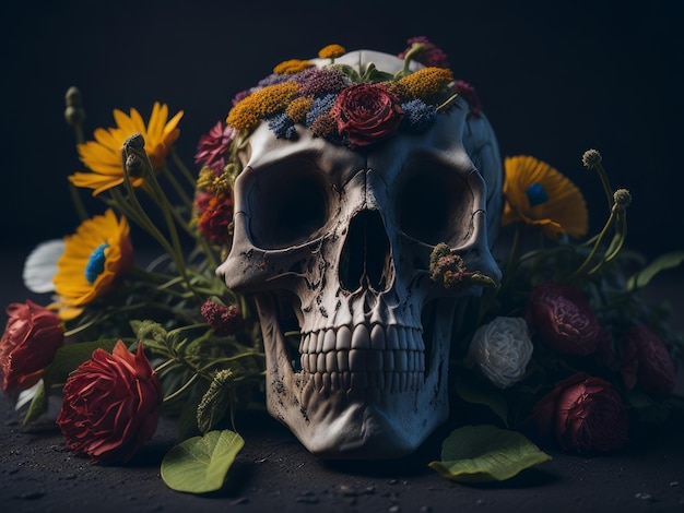 Foto menselijke schedel vol bloemen halloween ai gegenereerd