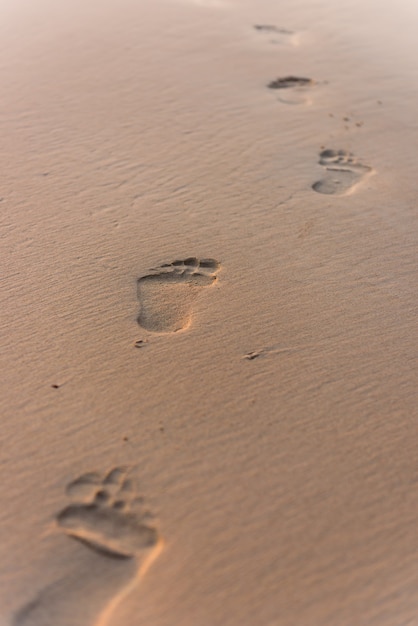 Menselijke voetafdrukken op strandzand.