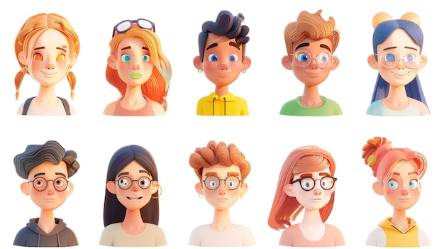 Mensen avatars set Jonge mannen en vrouwen met denkende gezichtsuitdrukkingen Moderne lijn personage hoofden gelukkig glimlachende bedachtzame meisjes en jongens vector