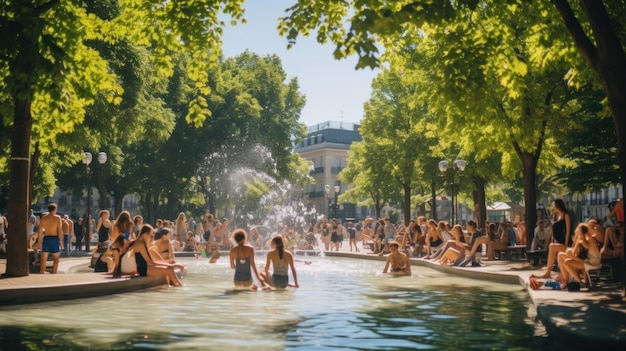 mensen baden in fontein in het centrum van de stad zonnige heldere daghitte Illustratie AI Generatief