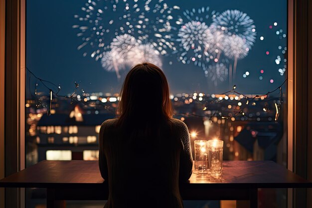 Foto mensen bij het grote raam kijken naar vuurwerk over de stad feestelijke nacht vuurwerkfestival