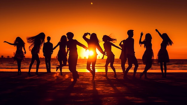 Mensen dansen op een strand bij zonsondergang met de ondergaande zon achter hen