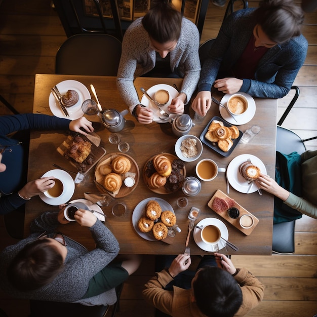 Mensen die aan een tafel zitten ontbijten en koffie drinken generatieve ai