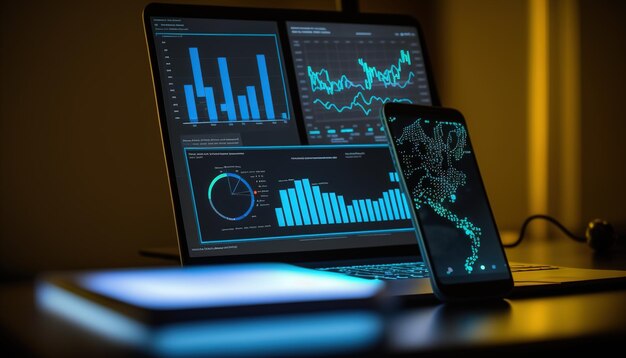 Mensen die analyses en computerscherm gebruiken met grafieken Gegevensvoorraad Business Concept Computer