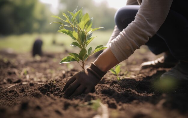 Mensen die bomen planten of in een gemeenschapstuin werken om lokale generatieve AI te promoten