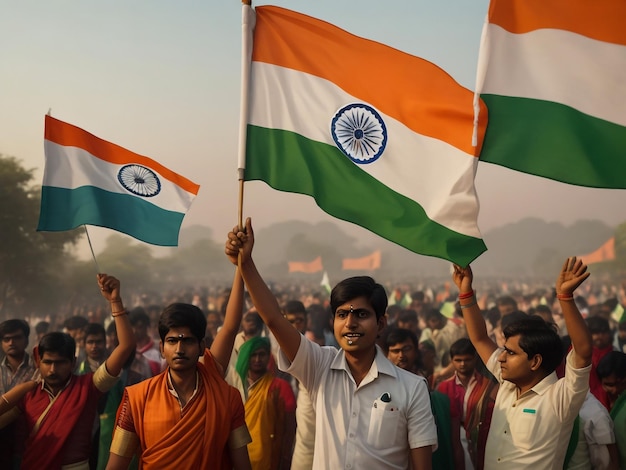 Mensen die de Indiase vlag dragen, een symbool van nationale trots, democratie, verkiezingen en de kracht van eenheid.