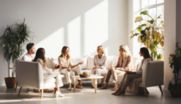 Foto mensen die deelnemen aan groepstherapie voor sociale vaardigheidstraining therapiegroep in witte rustige kamerpsycholoog groepstherapiemensen praten in cirkel wazige achtergrond kopiëren ruimte