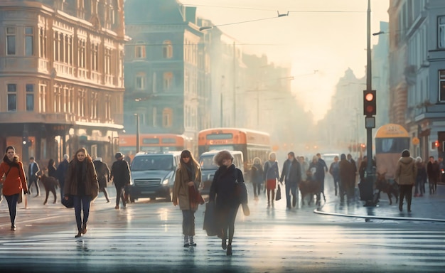 Mensen die een straat oversteken op een wazige achtergrond