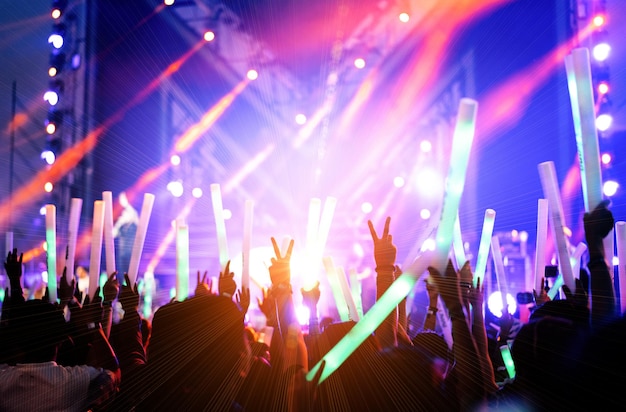 Mensen die een vredesteken geven terwijl ze genieten van een muziekconcert