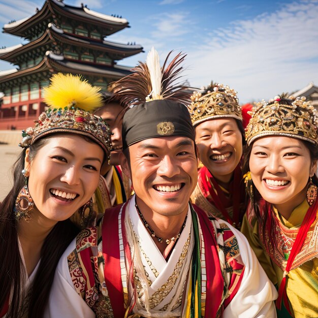 Mensen die glimlachen voor het Gyeongbokgung Paleis in Seoul Korea