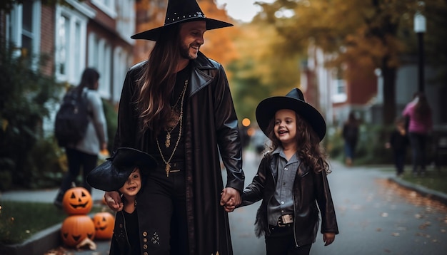 Mensen die Halloween vieren, buurtfamilie.