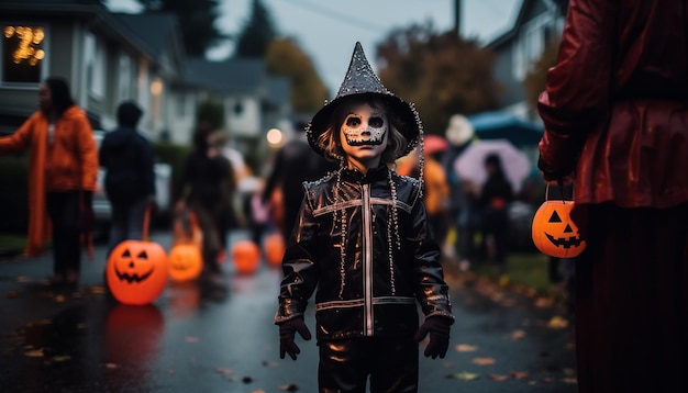 Mensen die Halloween vieren, buurtfamilie.