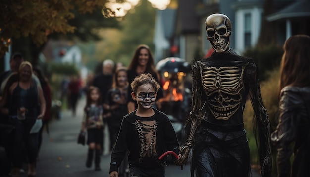 Mensen die Halloween vieren, buurtfamilie.