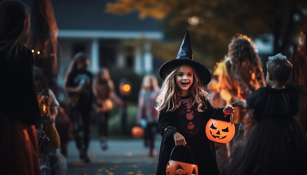 Mensen die Halloween vieren, buurtfamilie.