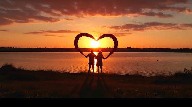 Foto mensen die handen maken in hartvorm silhouet zonsondergang generatieve ai