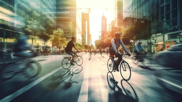 Foto mensen die in de stad fietsen naar en van werk naar een gezonde levensstijl
