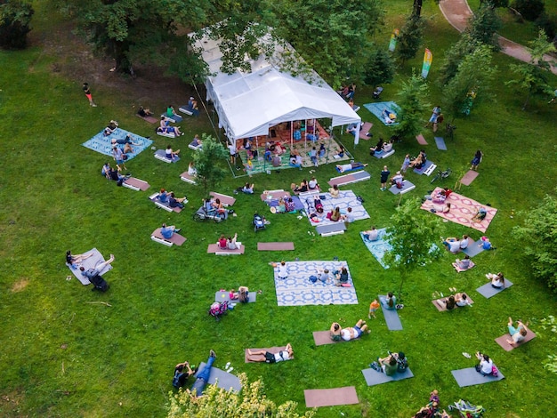 Mensen die liggen in het openbare bovenaanzicht van het stadspark buiten het concert