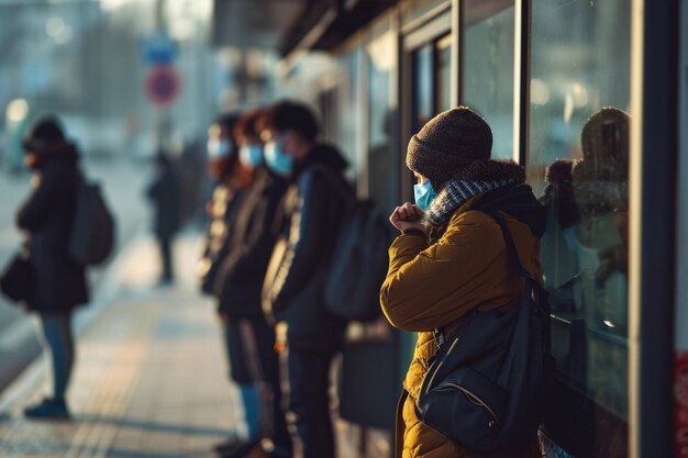 Mensen die maskers dragen bij de bushalte tijdens een pandemie