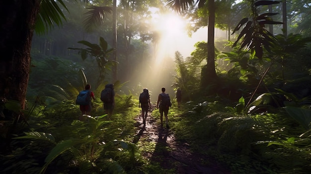Mensen die met rugzakken reizen om te kamperen en de vochtige jungle te verkennen