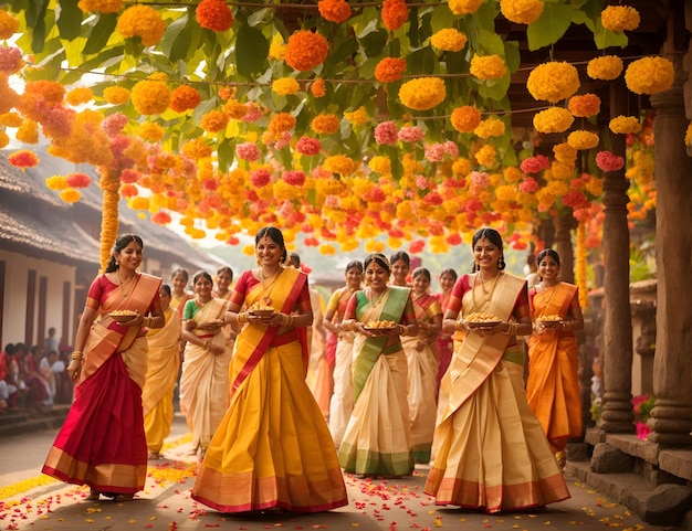 Mensen die met vreugde en geluk dansen tijdens het Onam-feest