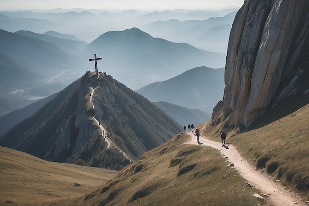 Mensen die naar de veiligheid van het Kruis op een berg lopen