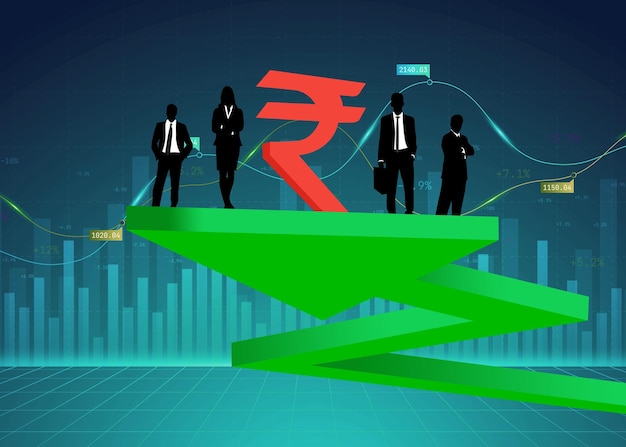 Mensen die naar het Indiase valuta-rupee-symbool staan voor zakelijke handel en investeringsscherm