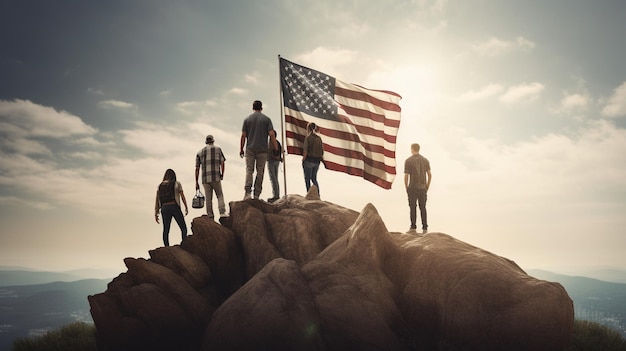 Mensen die op een berg staan met een vlag waarop 'Amerikaans' staat