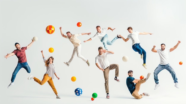 Mensen die plezier hebben met ballen spelen ze springen gooien en vangen de ballen