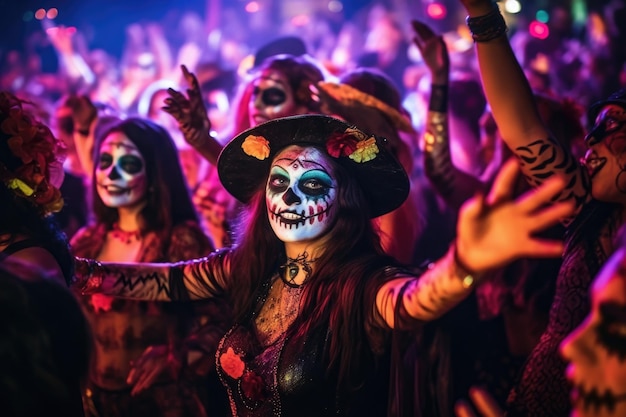 Mensen die plezier hebben op Halloween-feest Vrolijke vrienden dansen in de kostuums in de nachtclub